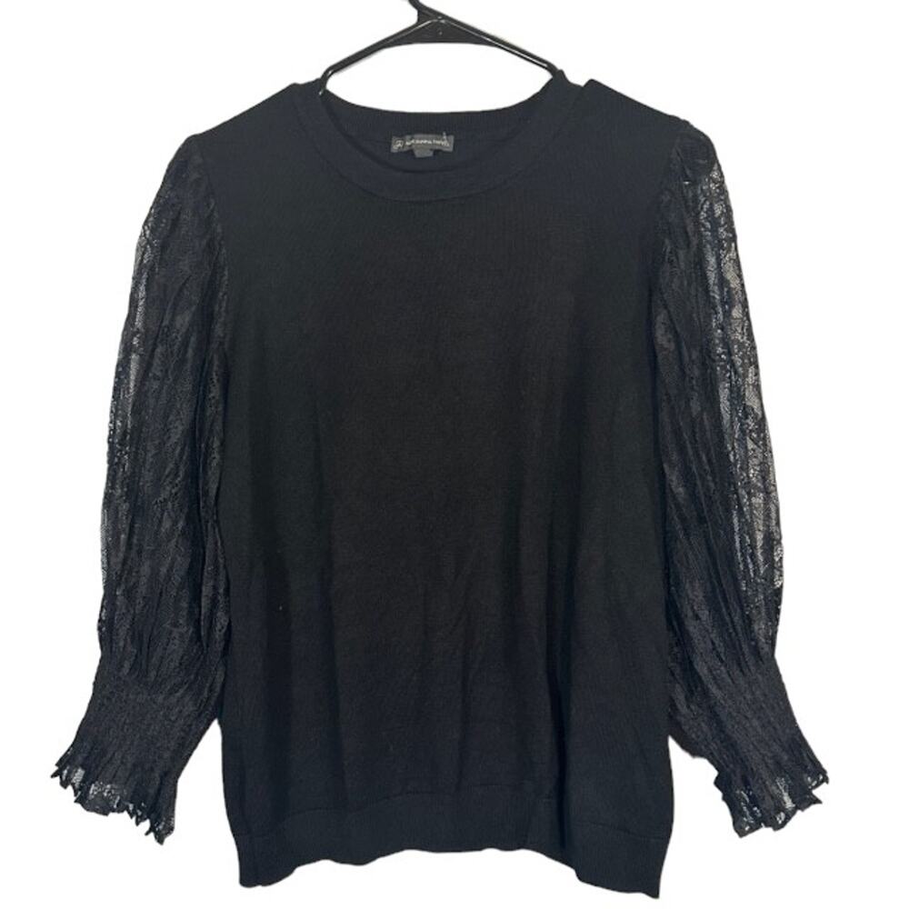 Adrianna Papell Women’s Black Lace Long Sleeve Boat Neck Formal Blouse Size Med